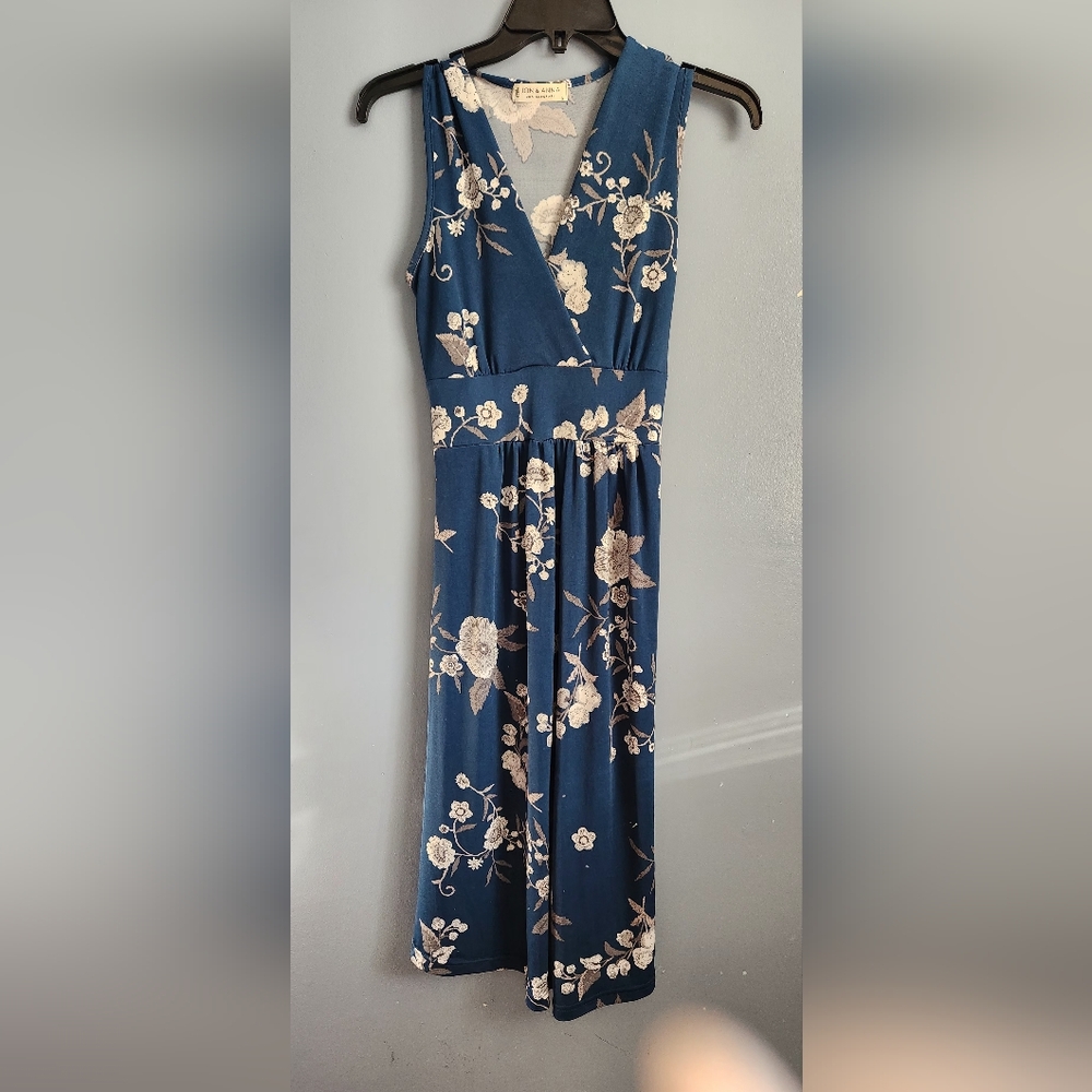 EUC Jon & Anna Contemporary sleeveless blue floral dress tie back Small